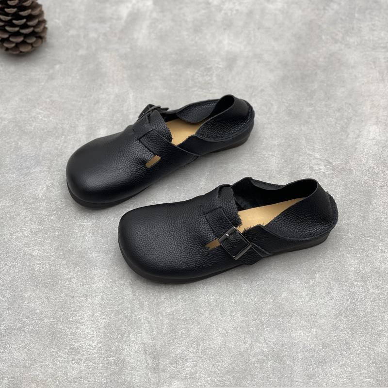 Johnature Genuine Leather Round Toe Soft Soled Loafers Versatile Soft Cowhide Flat Women's Shoes
