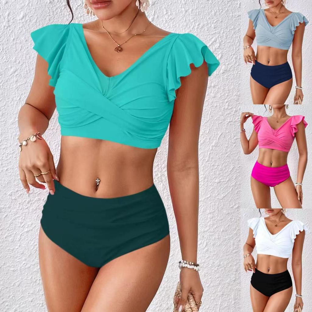 Women's Swimsuit Solid Color Ruffles Sexy High Waist Swimsuit Bikini Separate Suit Beach Wear