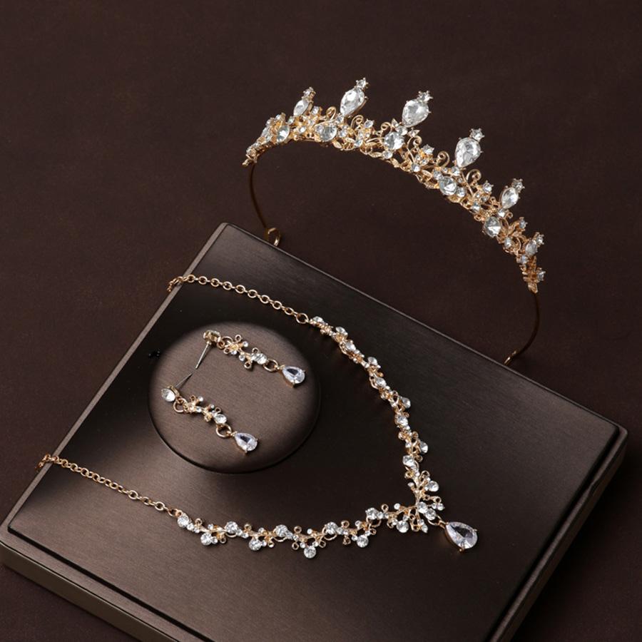 Brautschmuck-Set Goldfarbene Krone Halskette Ohrringe Vierer-Set&Geeignet für Damenhochzeit, Geburtstagsfeier