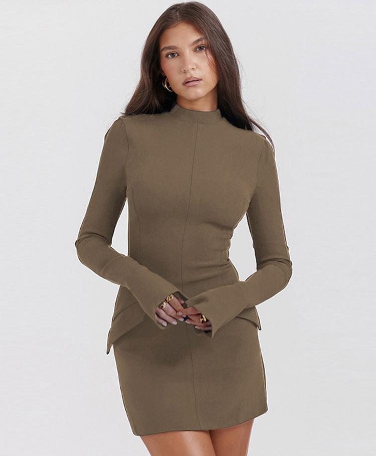 Women Elegant Dark Blue Mini Dress Autumn Pocket Long Sleeve Bodycon Dresses Lady Chic Party Club Robe