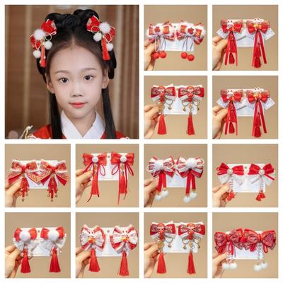 Tassel Children Red Bow Hairpin Plush Ancient Style Hairpin Chinese New Year Headwear  Children