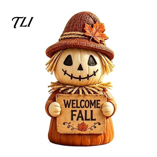 Harvest Season Table Decor Fall Scarecrow Figurine, Wooden Pumpkin Statue, Rustic Autumn Decorative Straw Hat Craft Tabletop Decoration for