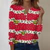 Women's Fashion Casual V-Neck Long Sleeve Decorative Button Christmas Print Top