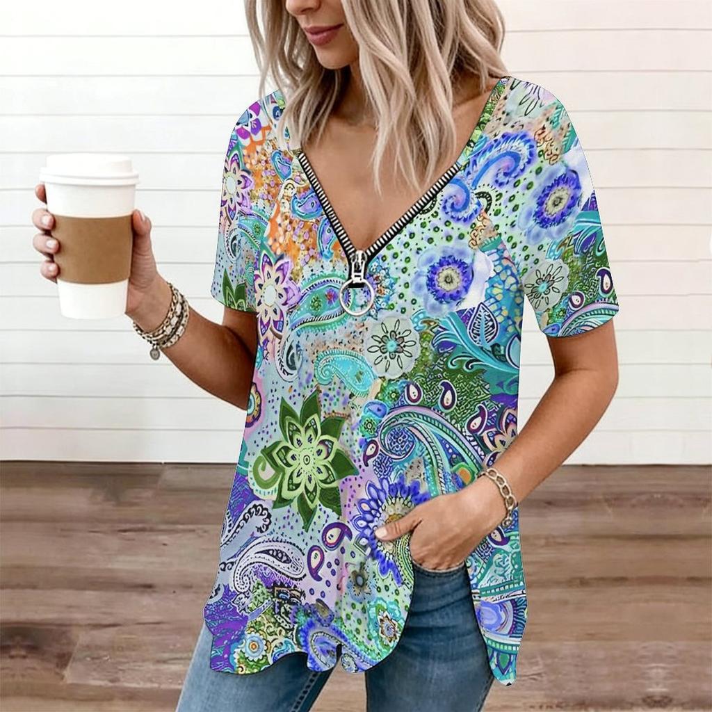 Women Square Neck Short Sleeve Blouse Watercolor Butterfly Floral Irregular Hem