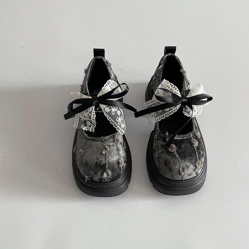 

Туфли-лодочки с кружевом и двойным бантом, маленькие кожаные туфли, весна-лето, новые, на толстом каблуке, подходящие к юбке, женская модная обувь 39 серый