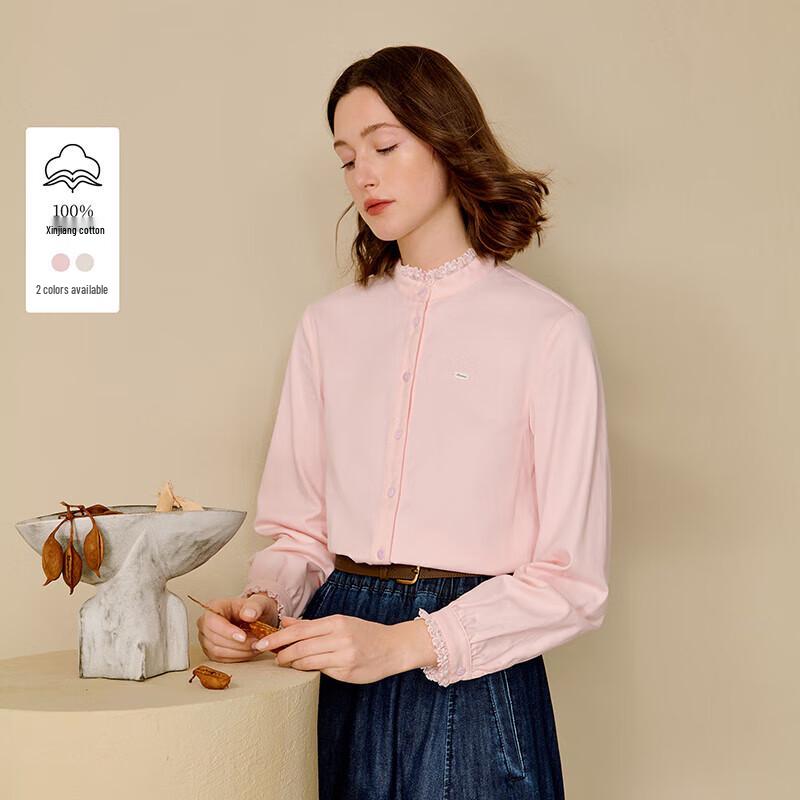 Yinman Pure Cotton French Lace Stand Collar Brushed Long Sleeve Shirt S