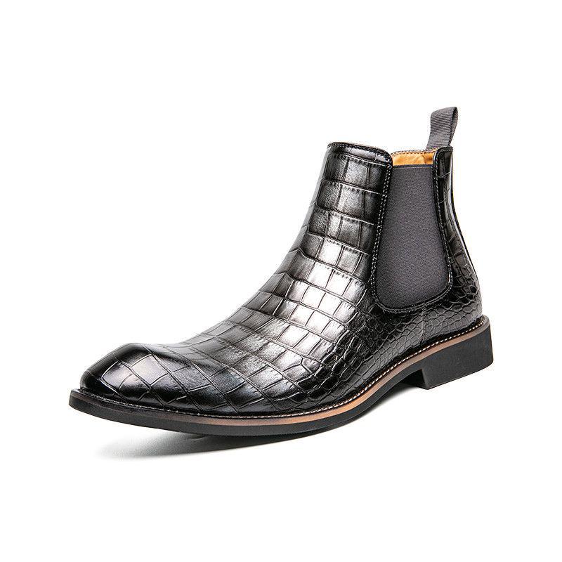 Men's Pointed Toe Chelsea Boots – Vintage Crocodile Pattern, Genuine Leather Slip-On Ankle Boots, Mid-Top British Style.