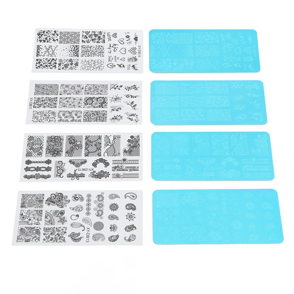 4pcs French Nail Art Stamping Plate Nail Stamping Image Plate Nail Printing Steel Plate with Transparent Films for Nail