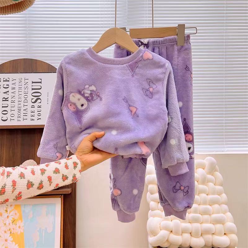 Children's Coral Fleece Flannel Pajamas - Cartoon Round Neck, Thickened Velvet Set for Boys, Girls, Babies