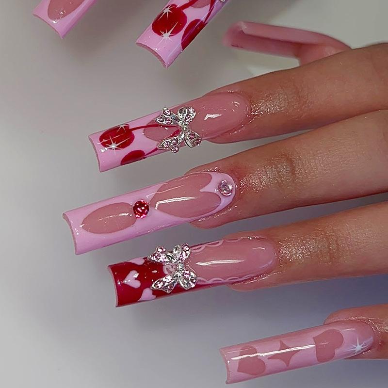 24 Pcs Extra Long Red French Square Press On Nails With Flower Rhinestone Design For Women Fake Nail Art