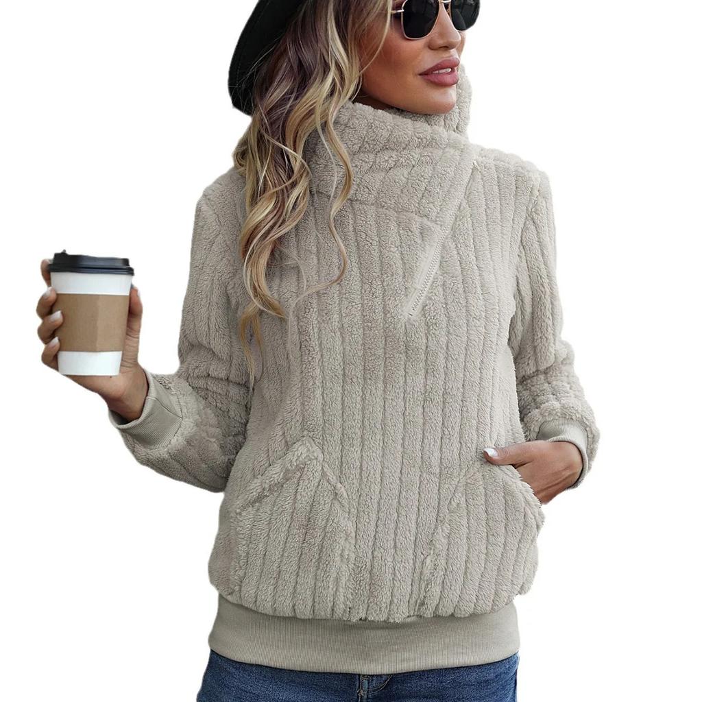 Autumn Winter Women's Round Neck Long Sleeve Pullover Zipper Casual Plush Sweater Comfortable High Quality Unique Beautiful and Most Striking Clothes