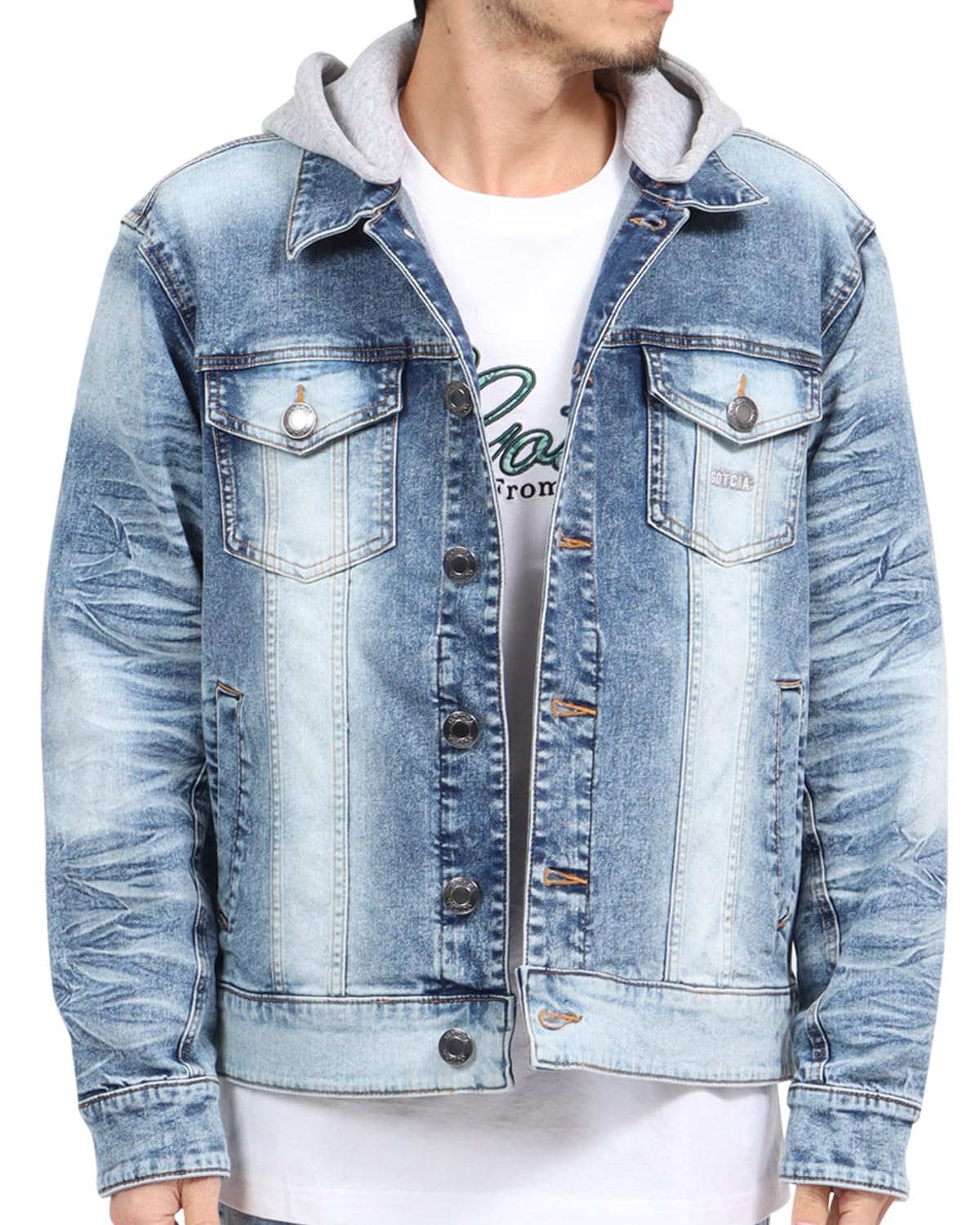 

GATCHA Stretch Blast Wash Denim Jacket with Detachable Size and Clothing Hood, Bleach, L, 241G1622, Men s Women s, Spring/Summer