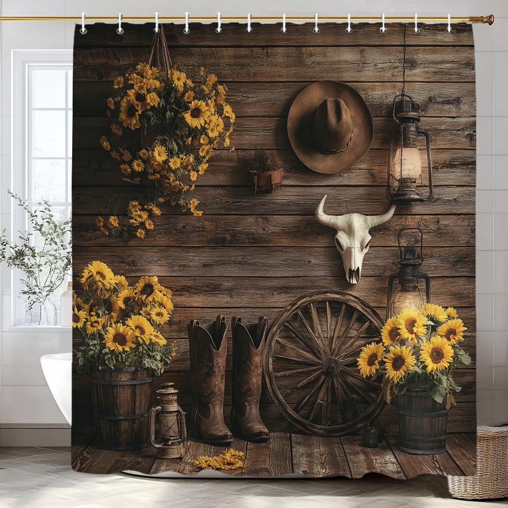 Flower Scenery Of Rural Farmhouse Shower Curtain, Bathroom Decorative Shower Curtain, Home Decorative Curtain With Hooks