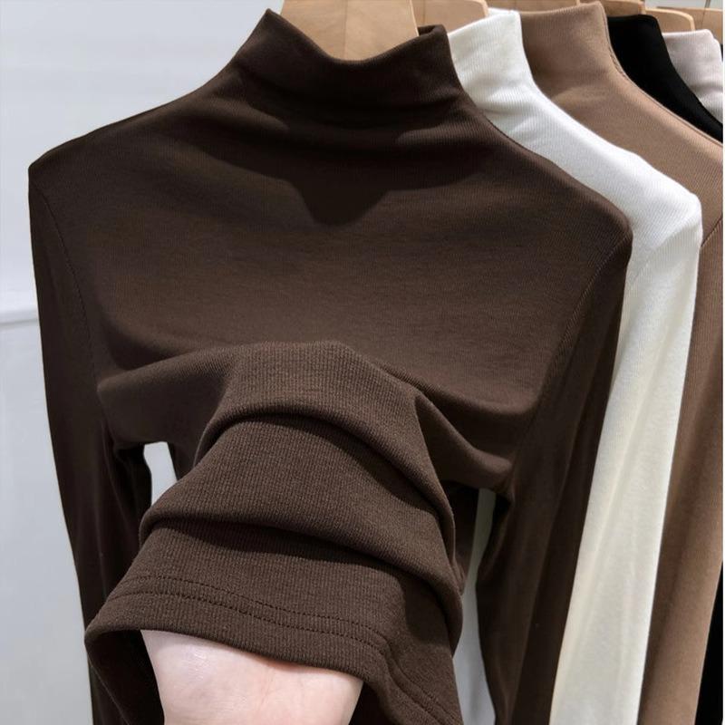 Solid Color Slim Fit Half High Collar Long Sleeve Women Casual Bottoming T Shirt Top