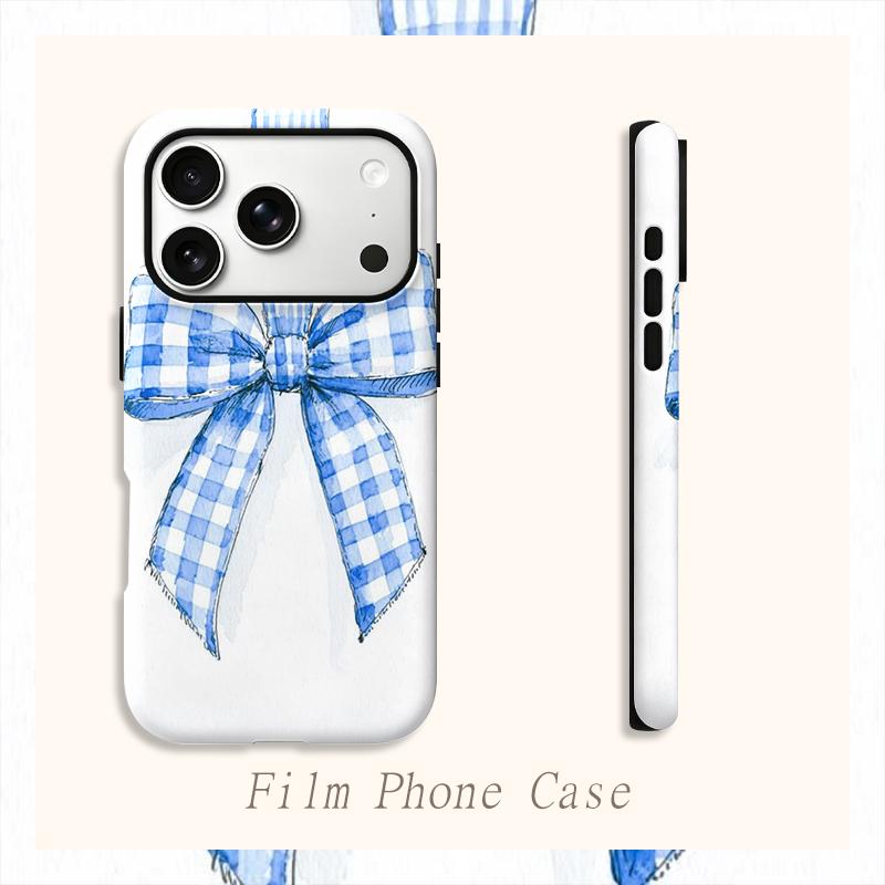 Painted Gingham Bow Blue Watercolor Graphic Art Design Film Aesthetic Protective Shockproof Bumper Phone Case Cover For iPhone 13 15 16 17 ProMax Plus