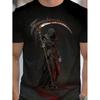Men'S Gothic Grim Reaper Skull Print T-Shirt - Stretchable /Elastic Blend, Loose Fit Crew Neck Short Sleeve, Dark Fantasy Graphic Tee with Scythe &