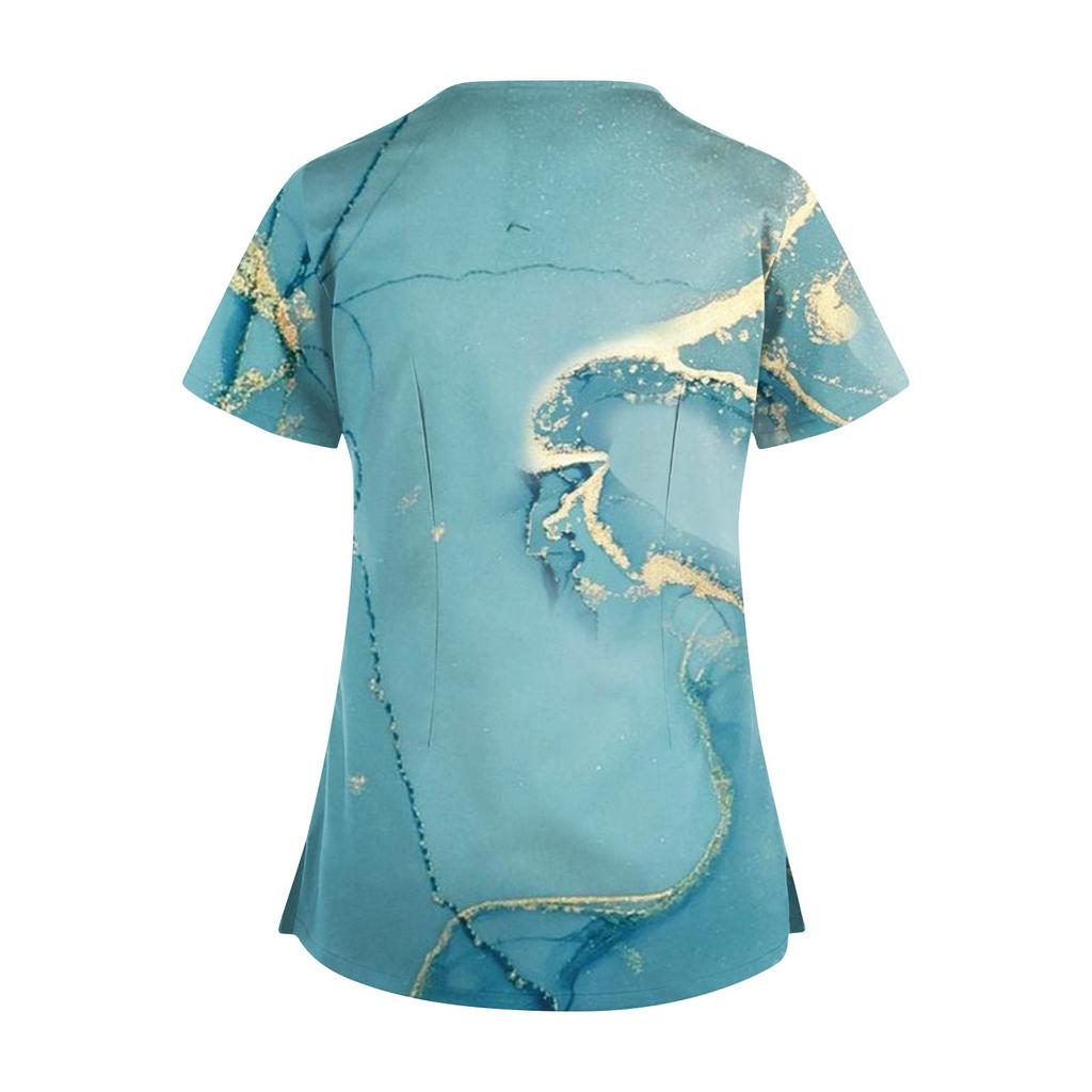 Plus size bonito impresso esfrega uniforme de trabalho topos para mulheres cruz com decote em v manga curta diversão camisetas workwear t com bolsos