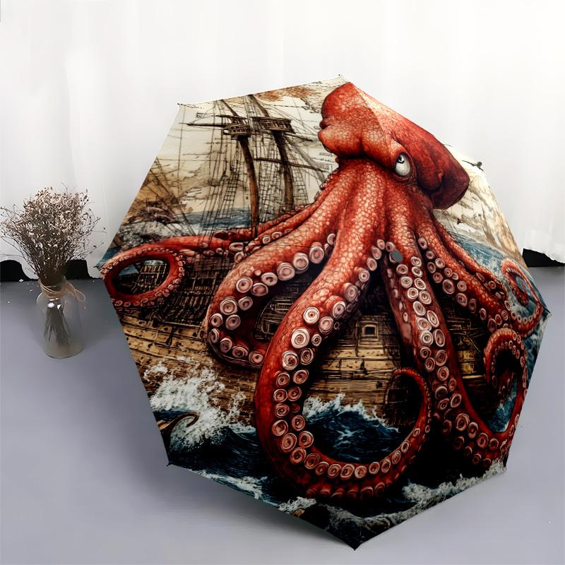 Ship Octopus pattern, automatic folding umbrella, portable and foldable design, 8 ribs, a Christmas or birthday gift.