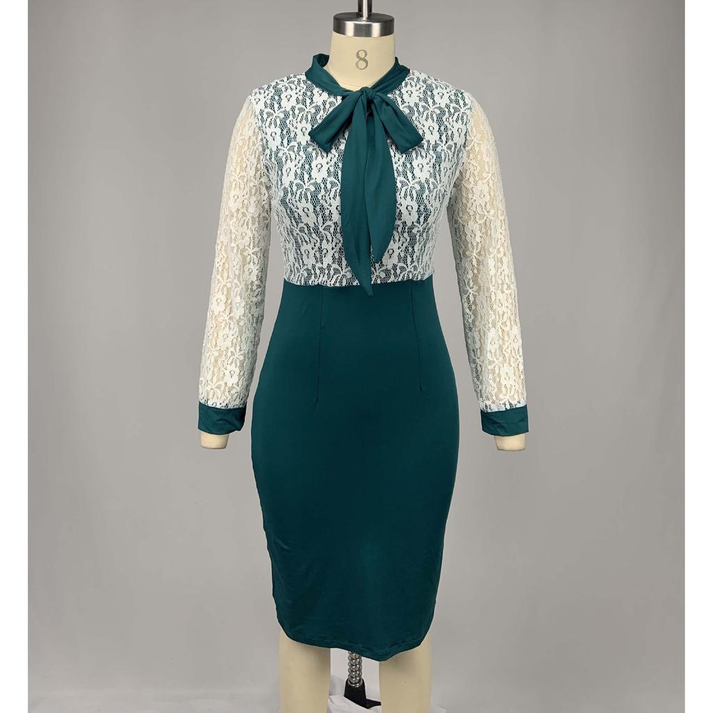 Plus Size Women's Lace Long Sleeve Bodycon Dress Elegant High Waist Patchwork Midi Office Dress