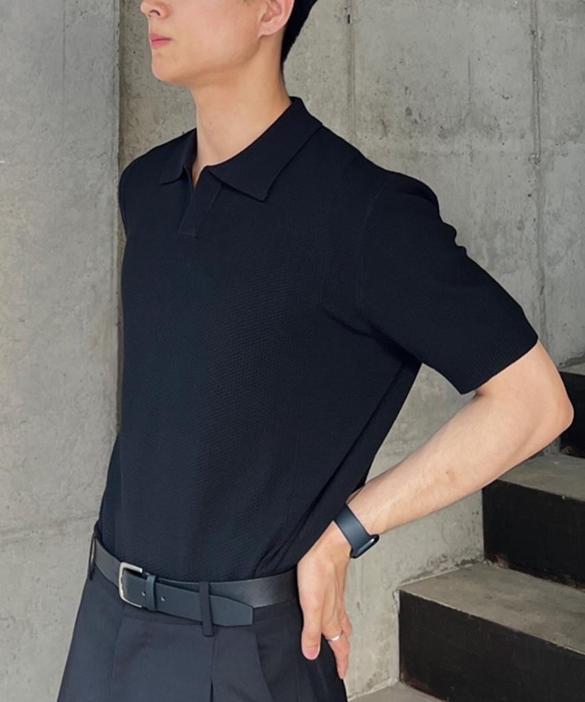 HERVINO Essential Muscle Fit Open Collar Short Sleeve Knit [Black]
