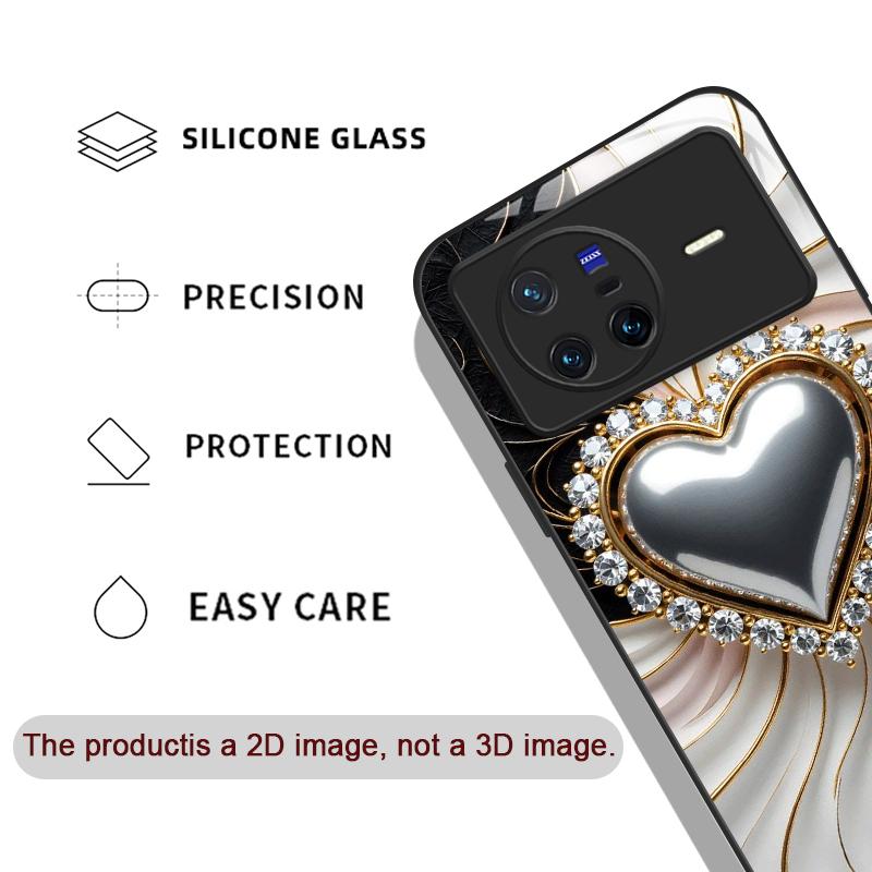 Stylish Black White Heart with Pearls Tempered Glass Phone Case for OPPO Reno 13F 12 11 10 ProPlus Find X8 X3 Lite A58 A94 Cover