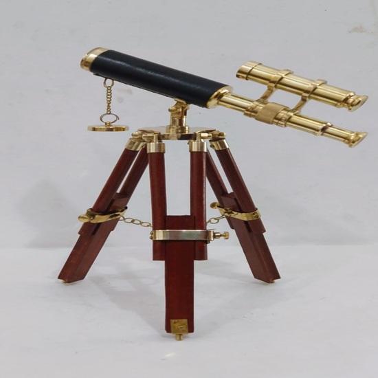 Brass Double Barrel Telescope 38.1 cm Nautical Decor with Wooden Tripod Ideal for Home, Office, Study, Library Birthday Gift