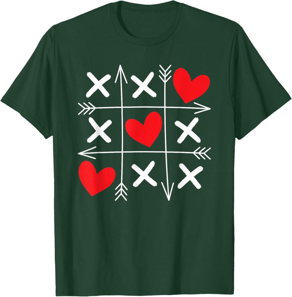Tic Tac Toe Heart Arrows Valentine Day Graphic Tee Soft Cotton Casual T-Shirt for Men and Women