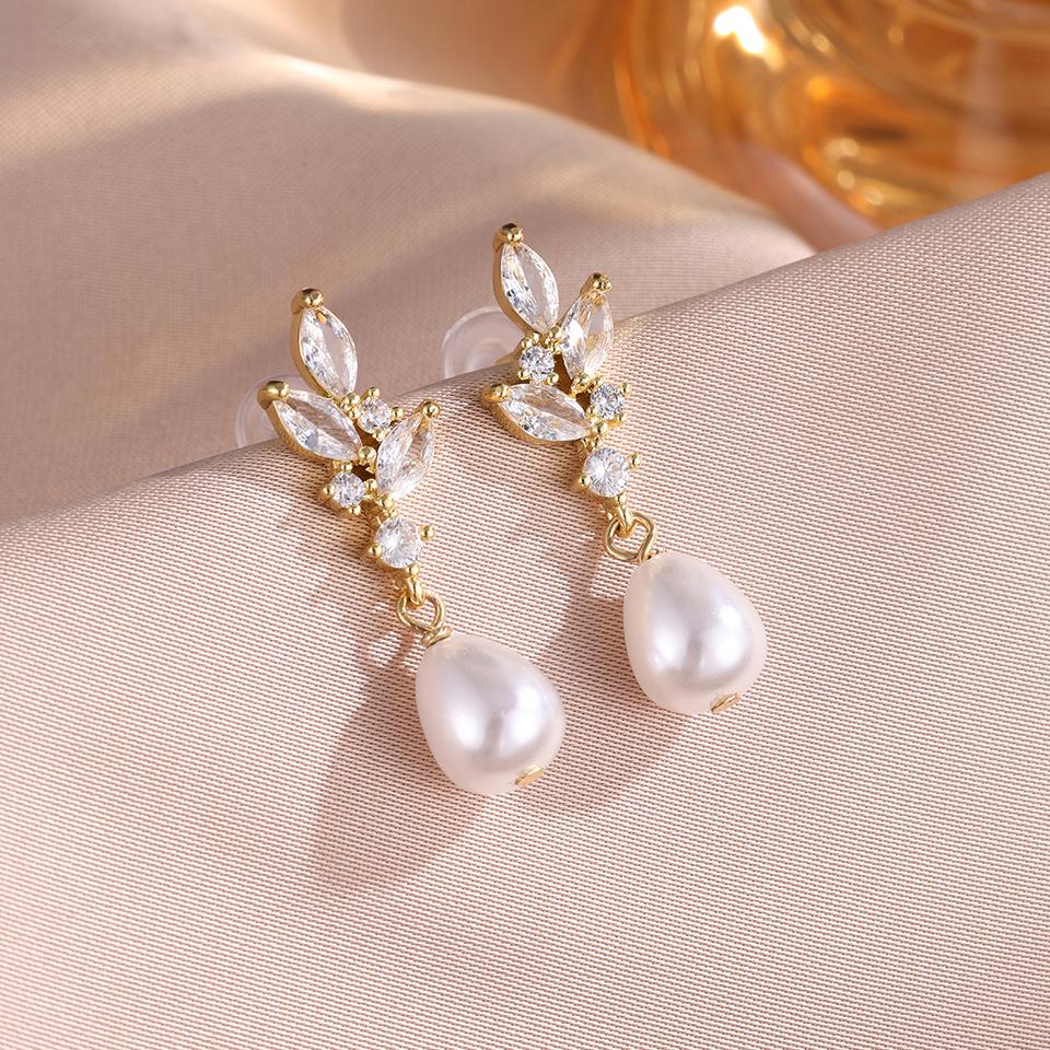 ZAKOL Classic Zircon Pearl Bridal Earrings for Women Shiny Leaf AAA CZ Crystal Gorgeous Wedding Party Jewelry