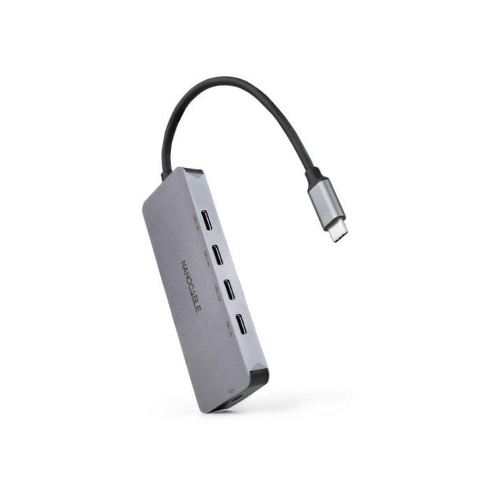 Hub USB-C - NANO CABLE - 4 Portas USB-C Fêmea - Alumínio 10 cm - USB-C PD 100W - Cinzento