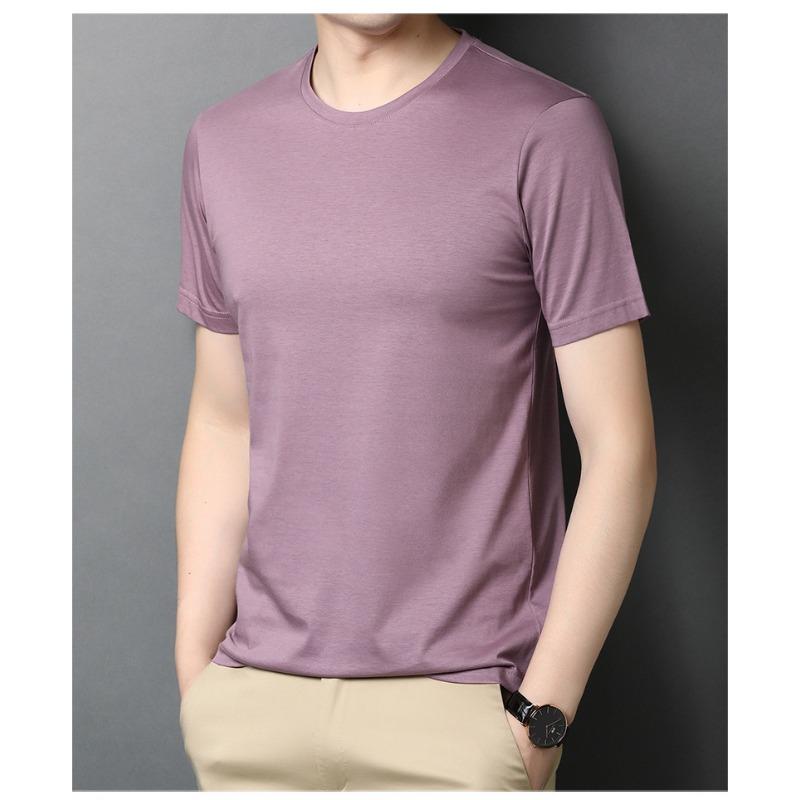 Léto Nové tričko Mulberry Silk Pánské tričko korejského stylu s krátkým rukávem Ležérní Tenký Mládež Jednobarevné Pánské tričko s kulatým výstřihem