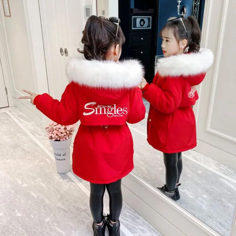 

Куртка для девочек с хлопковой подкладкой, куртка в западном стиле, средняя и большая детская куртка средней длины с толстым пухом, куртка с подкладкой 140 красный