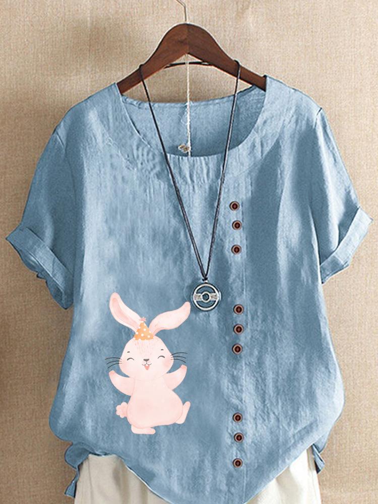 Women's Fashion Cute Rabbit Print Shot Sleeve T-shirt Loose Cotton Shirt Casual Loose Summer Blouse Tops Plus Size