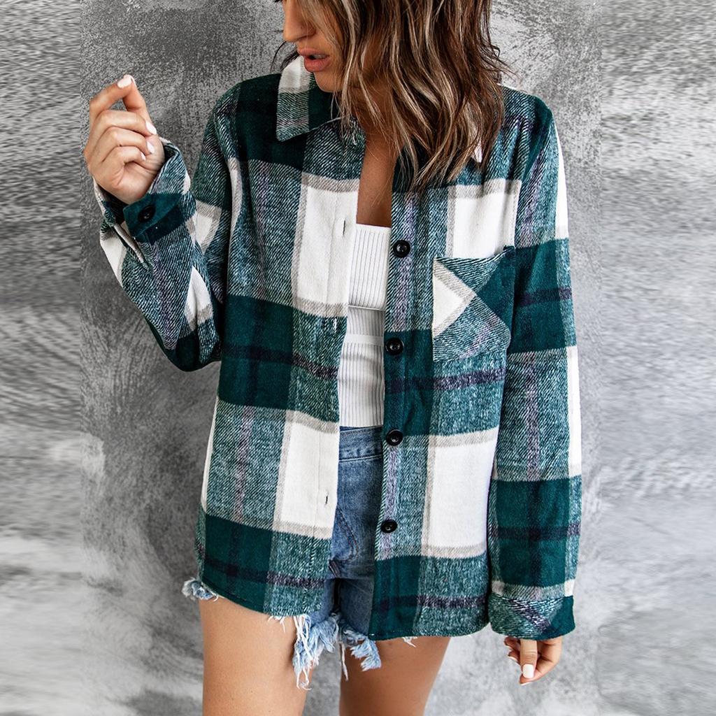Women Loose Top Plaid Color Block Long Sleeve Casual Ladies  Blouse Coat Shirt Jacket