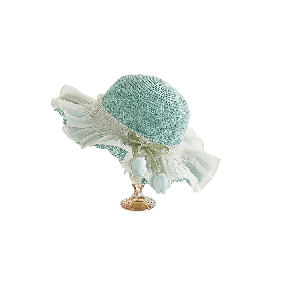 with Same Style Crossbody Bag Tulip Straw Sun Hat Korean Style Lace Brim Beach Cap  Baby