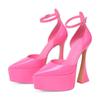Pointed Toe Shallow Platform Women Sandals Sexy Shiny Patent Leather Ankle Strap High Heels 2025 High Quality Black/pink Pumps