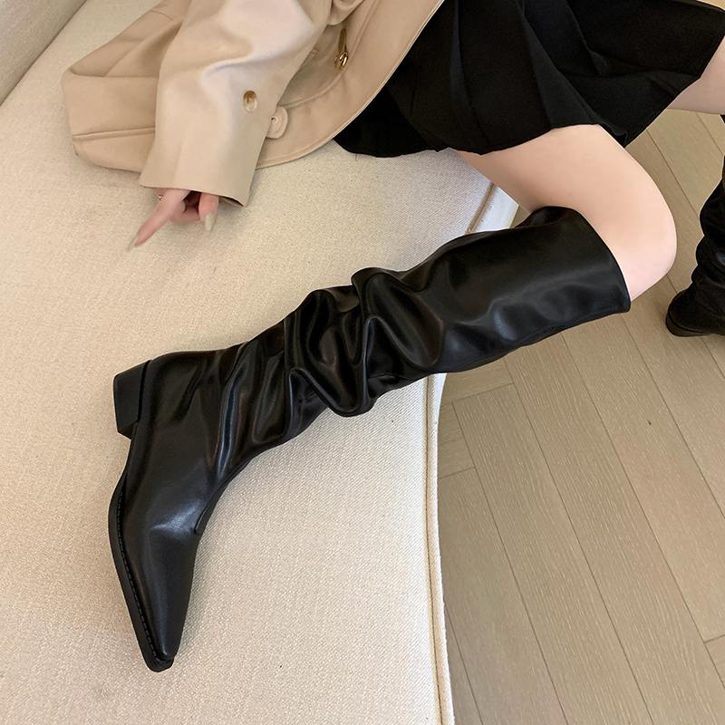 Krazing Pot Denim automne hiver chaussures bout rond épais talons moyens sans lacet plissé décoration bottes occidentales femmes cuissardes