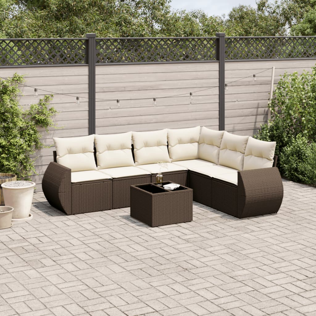 7 Piece Garden Sofa Set with Cushions Brown Poly Rattan