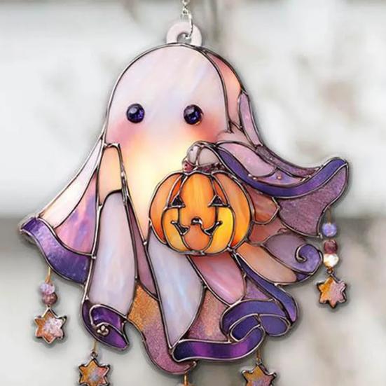 Cute Acrylic Ghost Suncatcher with Pumpkin Stained Glass Window Hanging Decor Halloween Wall Art Panel with Chain for Indoor Home Kitchen Decor