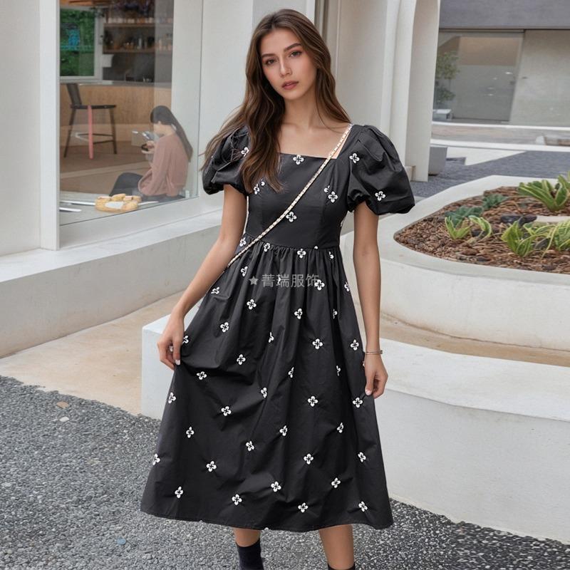 Women's Summer Temperament Square Neck Bubble Sleeve Printed Waist Slim Little Black Dress A-line Dresses