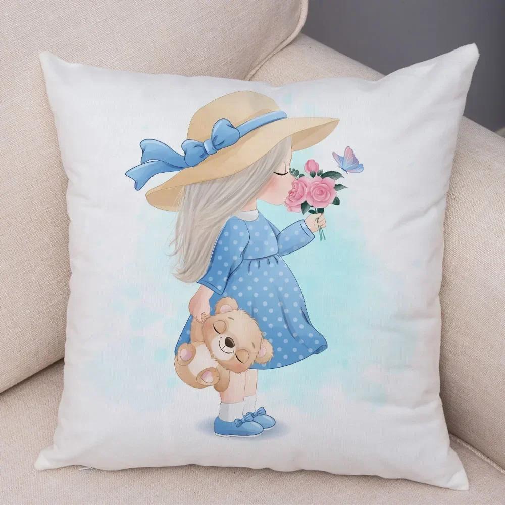 Cute Cartoon Girl and Cat Cushion Cover for Children Room Sofa Home Car Decor Lovely Child Pillow Case Plush Pillowcase 45x45cm