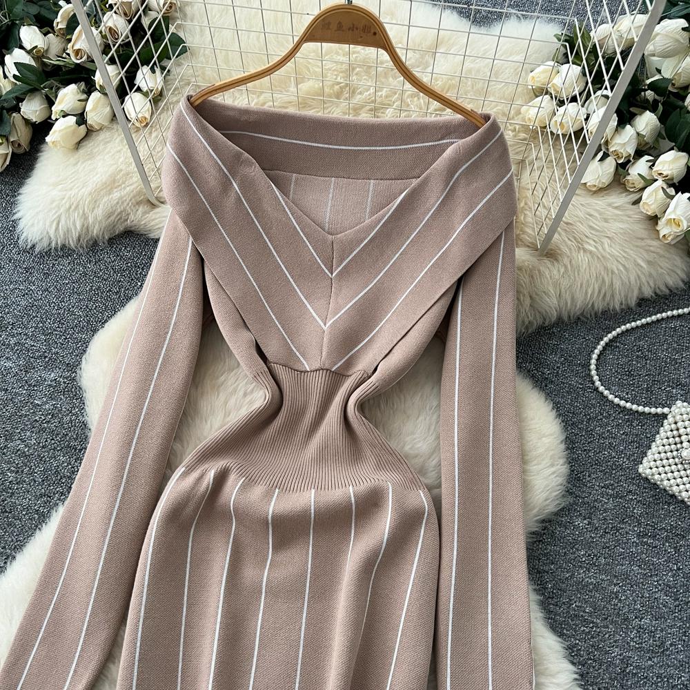Autumn Winter Women Casual V-neck Full Sleeve Striped Knitted Sweater Slim Bodycon Sheath Dresses