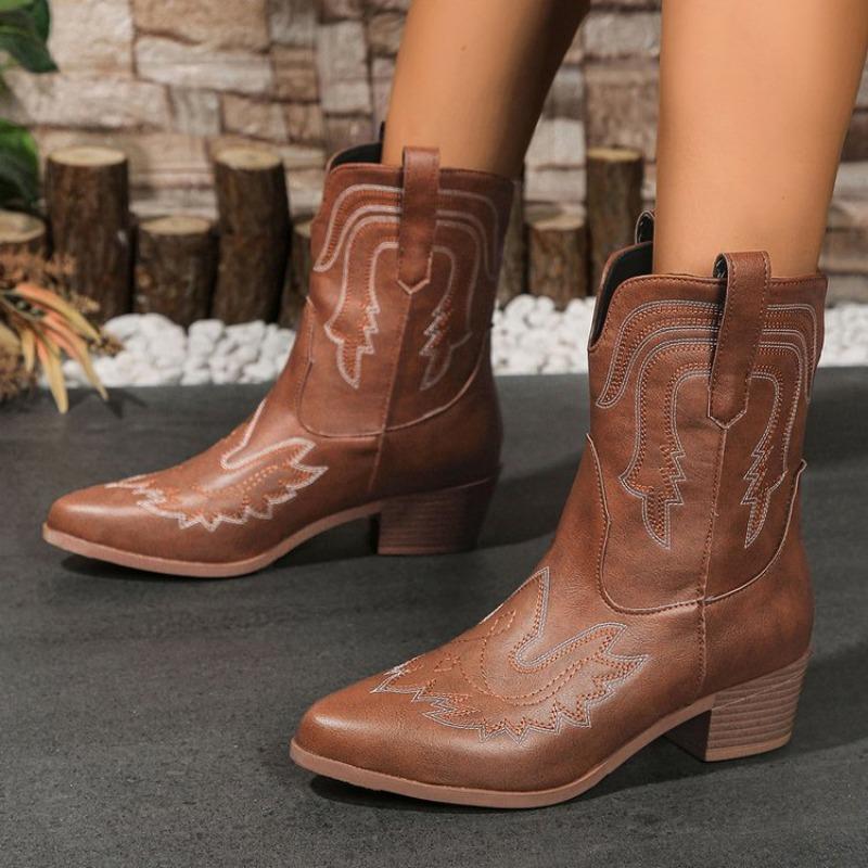 

Женские ботинки до колена среднего размера с вышивкой ветра, осенне-зимние ботинки рыцарского стиля с квадратным и круглым носком 43 коричневый