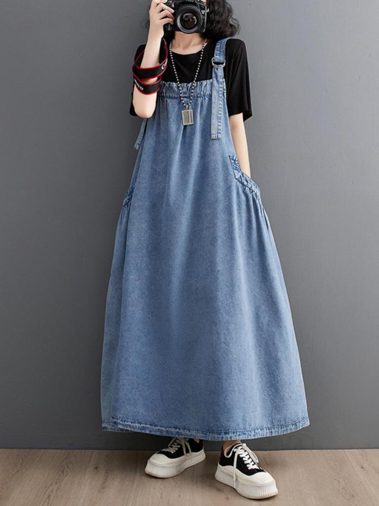 Plus Size Women's Summer Denim Overall Dress - Loose, Slimming, Korean Style for Maternity and Big Swing