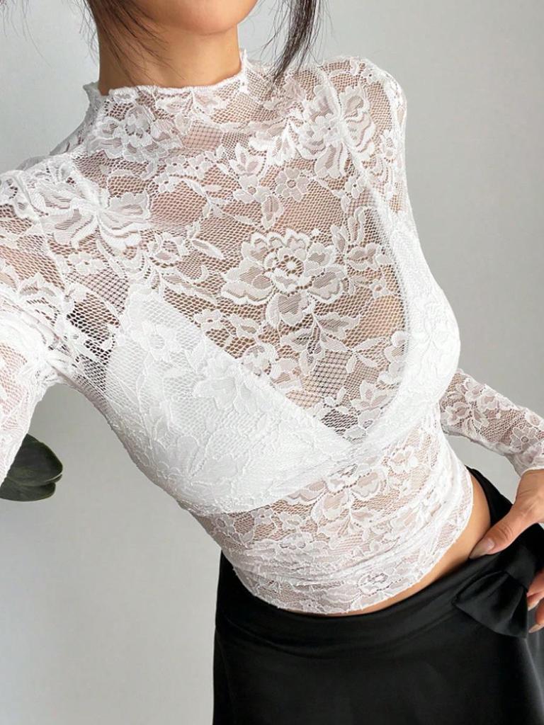 2026 Autumn Slim-Fit Sexy Lace See-through Long-sleeve Top for Women