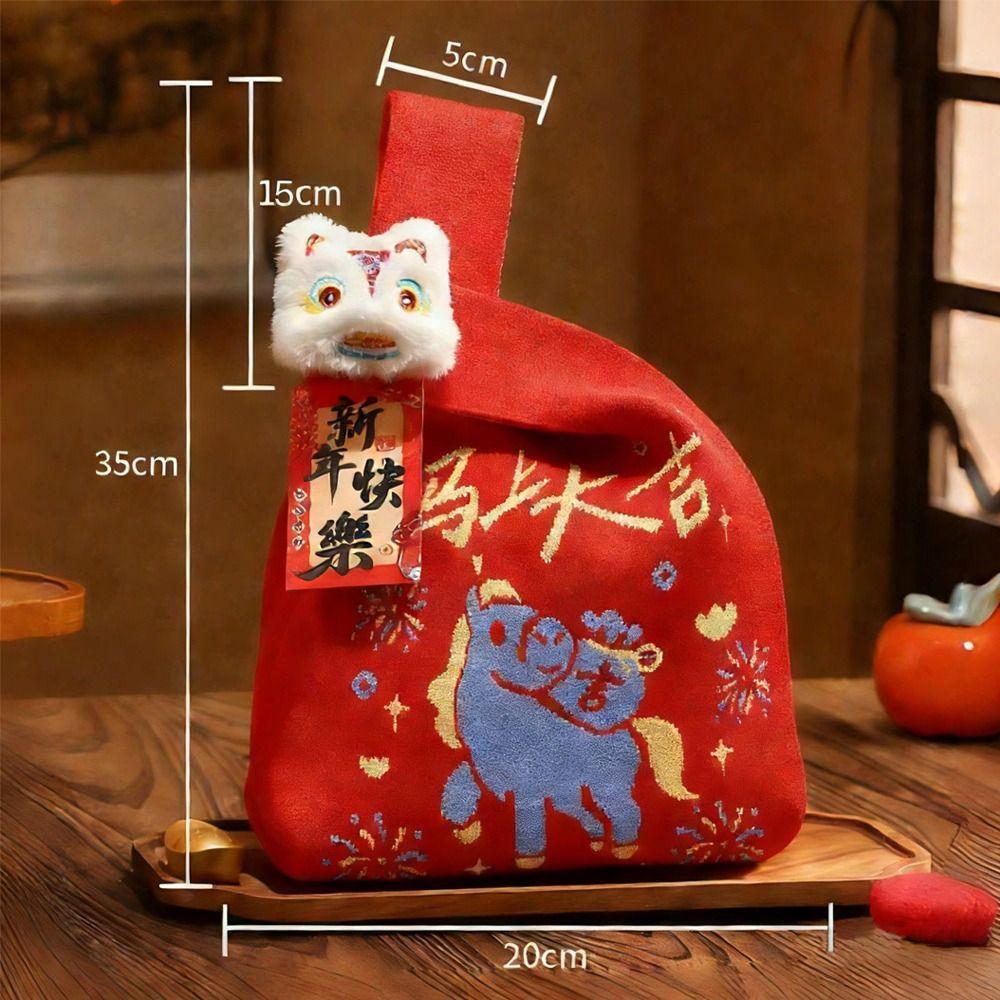 Large Capacity Knitted Handbag Cartoon Pattern Chinese Style Knot Wrist Bag Red Color Weave Pattern Woven Bag Year of the Horse