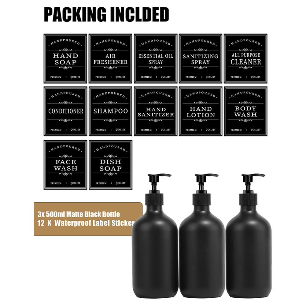 

500 мл матовый черный дозатор для мыла с подносом, мыльница для рук, контейнер для жидкости, многоразовая пустая бутылка с водонепроницаемыми этикетками Set 1