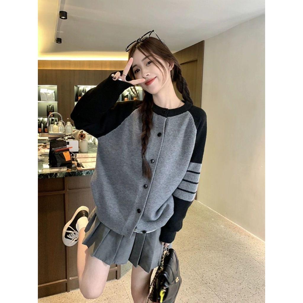Women's Retro Color Block Knitted Cardigan - Autumn/Winter Slim Fit, Long-Sleeve Sweater