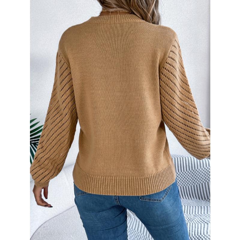 Elegant Round Neck Hollow Out Long Sleeve Pullover Sweater Women 2025 Fashion Sweet Autumn and Winter Casual Knitted Tops Solid Color Office Clothing