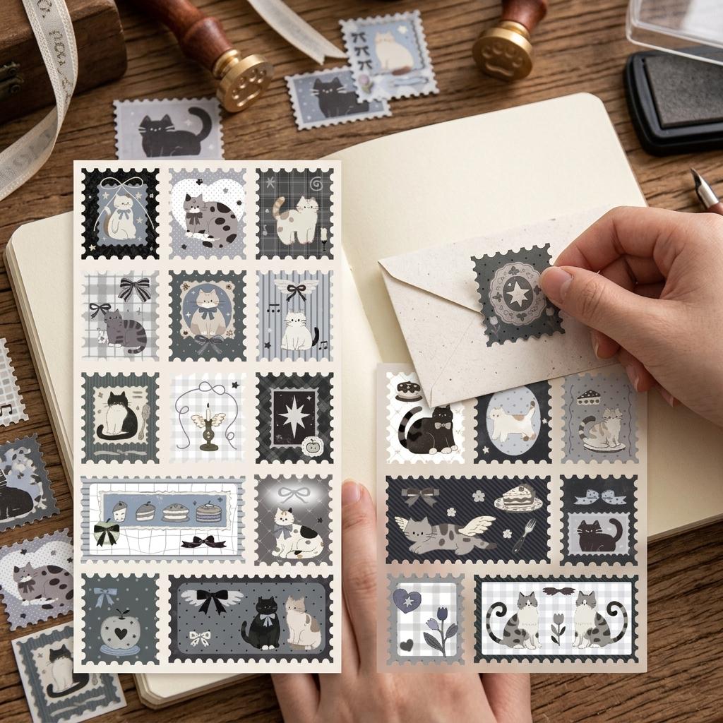 Vintage Cat Stamp Stickers for Journal Decoration with Strong Adhesive and Waterproof Feature