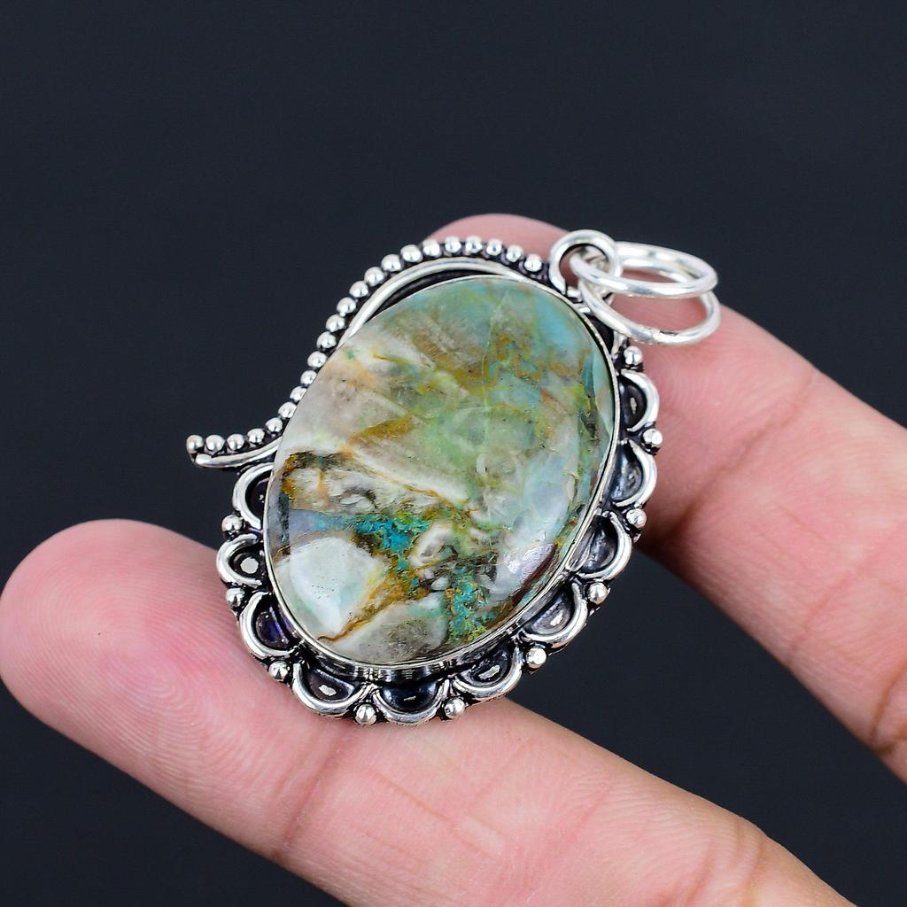 Natürlicher Chrysokoll Edelstein Anhänger Blau 925 Sterling Silber Indischer Schmuck